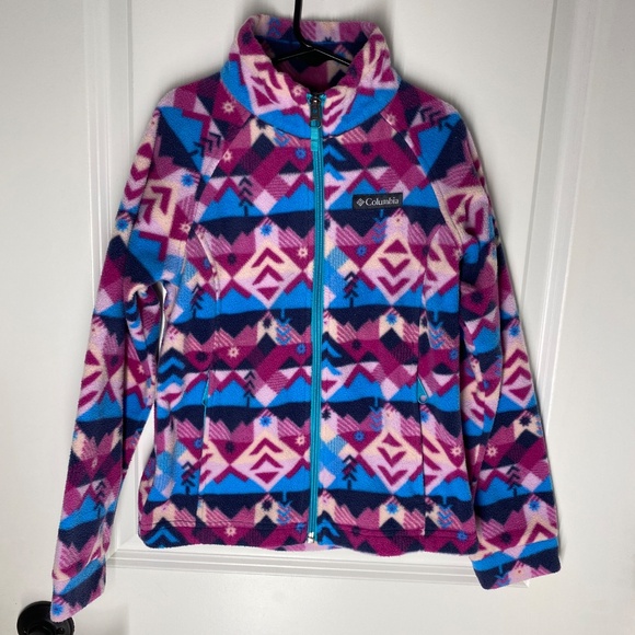 GIRLS COLUMBIA FLEEZE ZIP UP TOP LIKE NEW SIZE SMALL 7/8 PINK BLUE - Picture 2 of 7